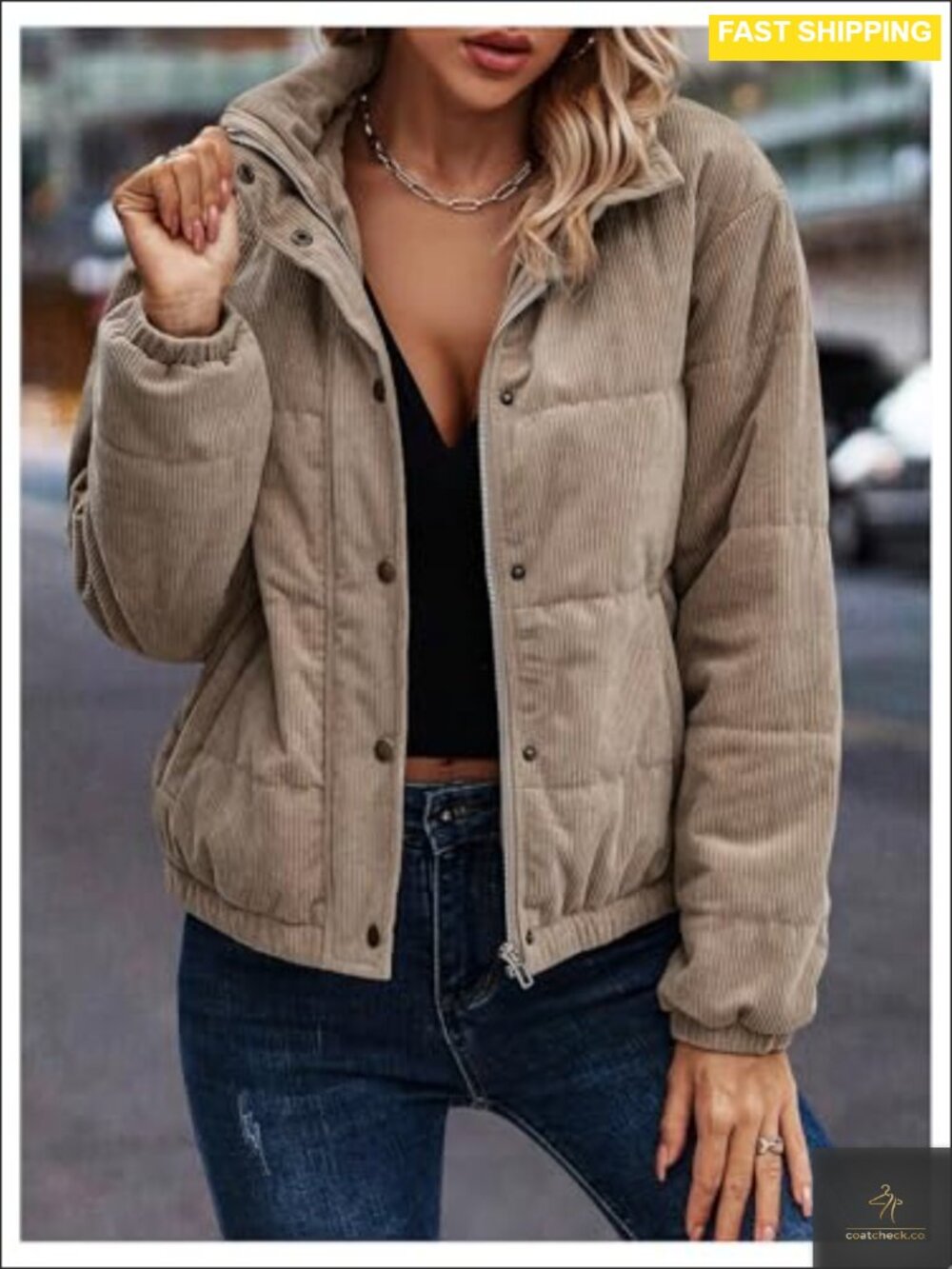 Womens Corduroy Quilted Puffer Jacket Zip Up Padded Bomber - Picture 2 of 5